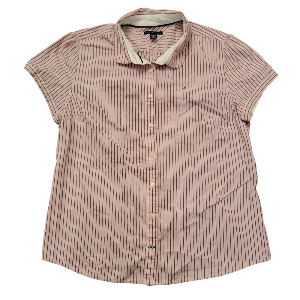 Tommy Hilfiger XL Button Down Shirt Pink Green Striped Short Sleeve Preppy Logo